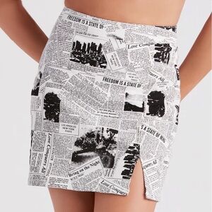 Newspaper Print Denim Skirt